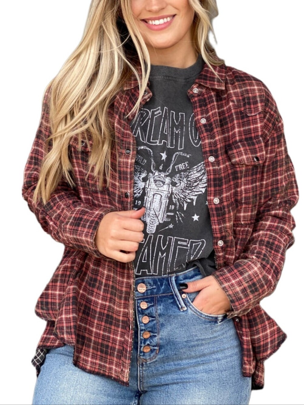 Ivy Jane Womens Red Plaid William Black Pearl Snap Button Up Top Size Small